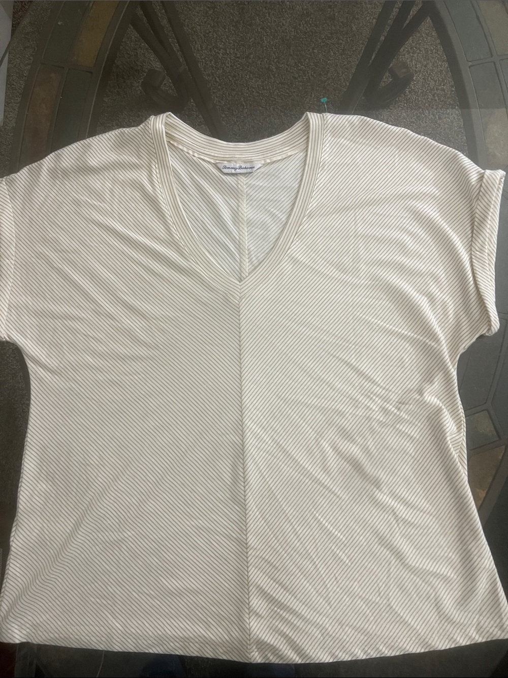 Tommy Bahama Cream and Ivory V-Neck Short Sleeve Top - Picture 4 of 9
